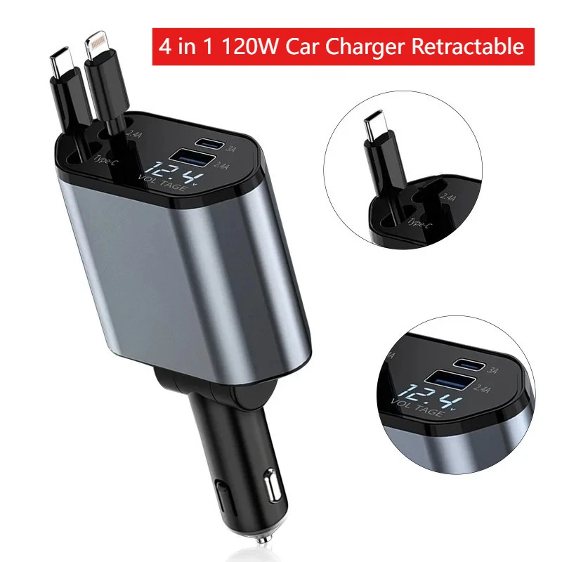 

4 in 1 120W Car Charger Retractable Car Cigarette Lighter Adapter USB Type C Fast Charger Cable for IPhone Xiaomi Huawei Samsung