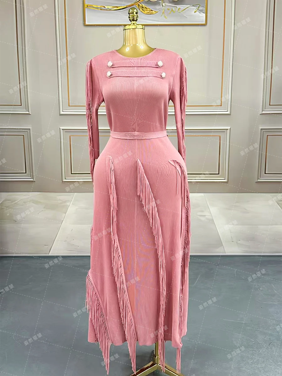 

Plus Size Chic Evening Dresses For Women Luxury Miyake Pleated Clothing Elegant Party Long Sleeve Dress Female Formal Ball Gowns