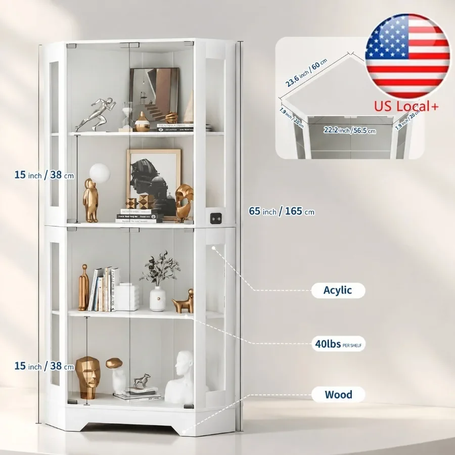 65 White Corner Collectible Curio Cabinet with Motion-Sensor 3-Color LED Light for Display and Storage