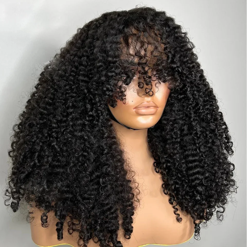 

Long Black Soft 26Inch 180Density Kinky Curly Machine Wig With Bangs For Women BabyHair Daily Preplucked Glueless Heat Resistant