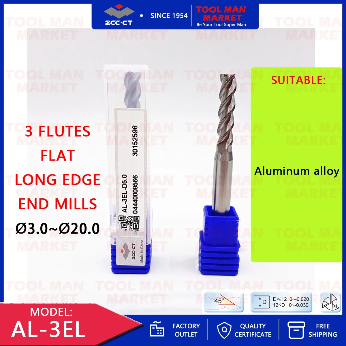 

ZCCCT AL-3EL Lots 3 Flutes Straight Shank Long Cutting Edge Flat Aluminum Alloy End Mill Tools Cnc Lathe Carbide Mechanical