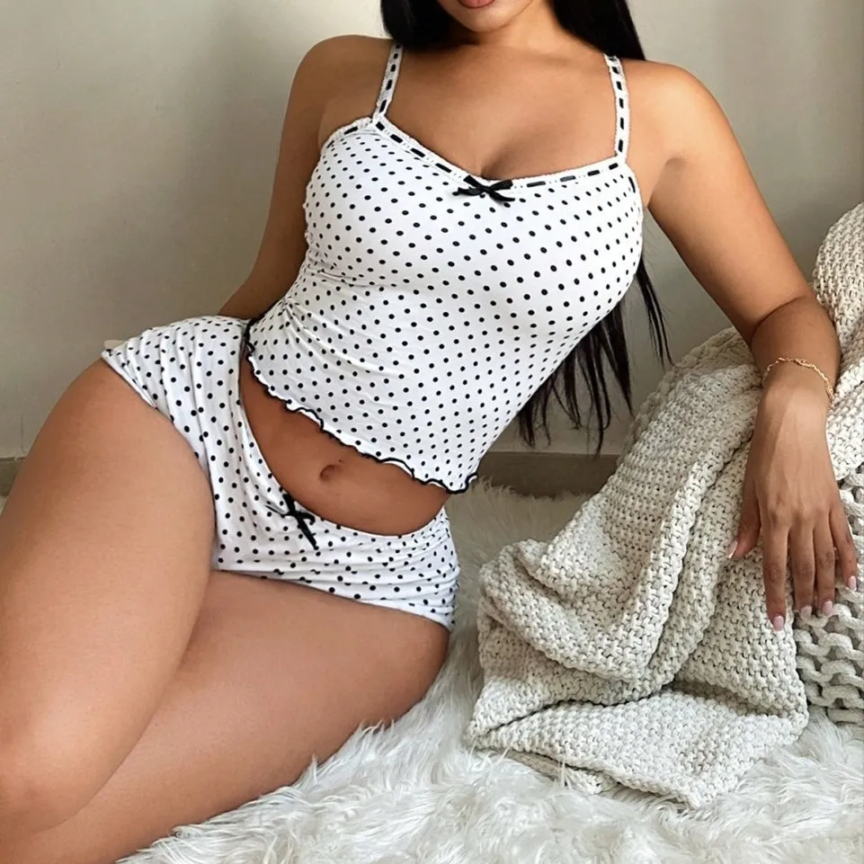 Cute Polka Dot Home Outfit for Women Summer Season Short Sleeve round Neck  Knot Design Comfortable Sleepwear Set