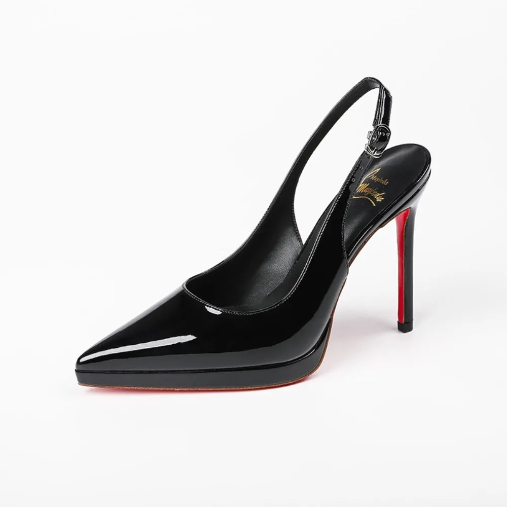 

New 8CM Office Ladies Women's Stylish Black Patent Leather Pointed Toe Slingback Stiletto Heels Red Sole Shoes