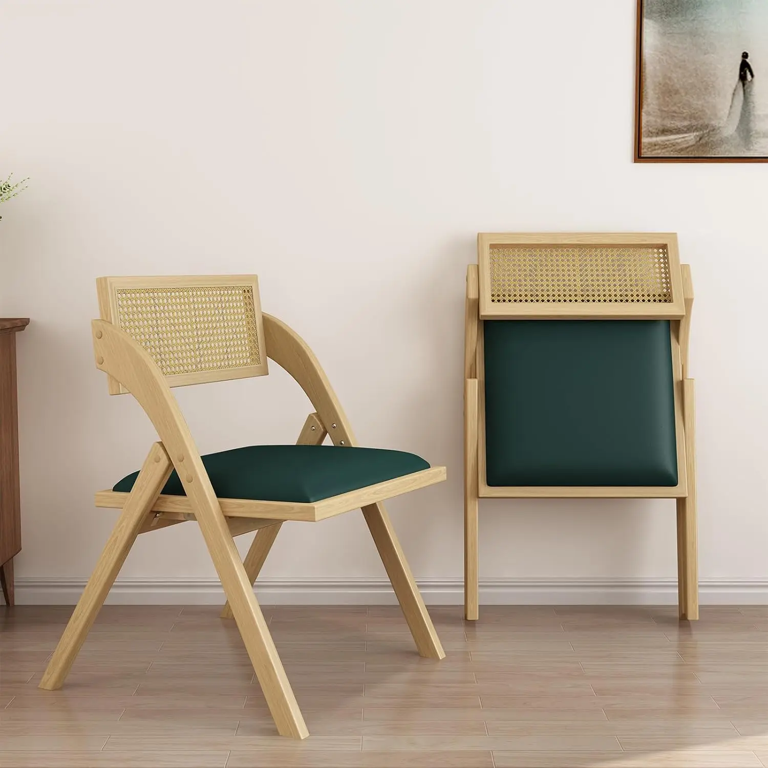 

Green Folding Dining Chairs Set of 2, Wooden Foldable Dining Chairs, Modern Mid Century Leather Rattan Dining Room Chairs with