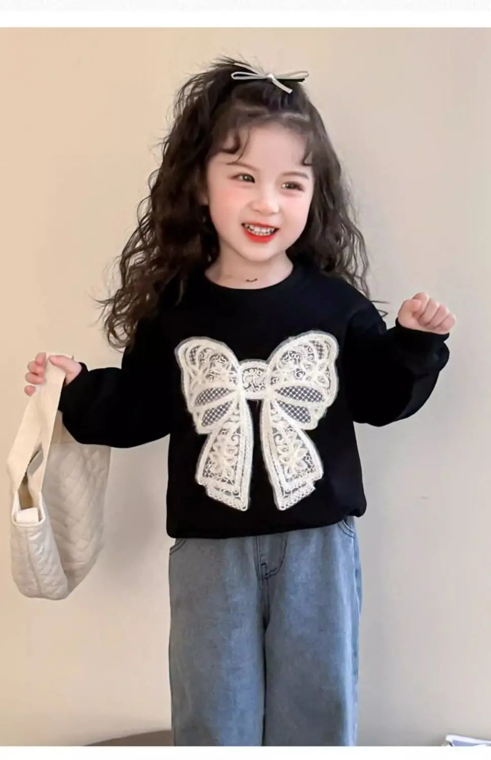 Kleinkind Mädchen Sweatshirt mit Großer Spitze und Schleife Lässiger Baumwoll-Pullover mit Punkten für Kleinkinder Rundhals Langarm Oberteil Kinderkleidung – Detail 21