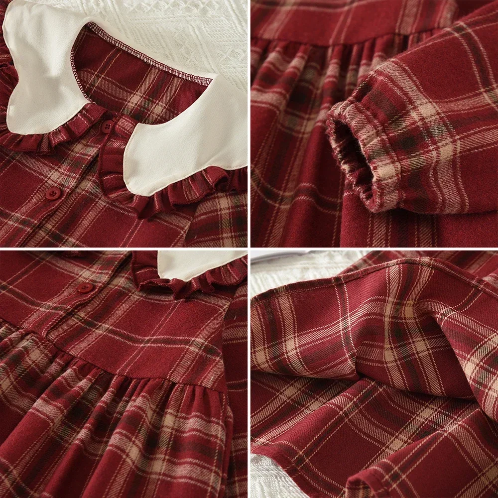 Neues Herbst- und Winterkleid im Britischen Stil mit Rotem Karomuster und Revers, Lässiges Langarmkleid für Mädchen im Alter von 3-7 Jahren – Detail 10