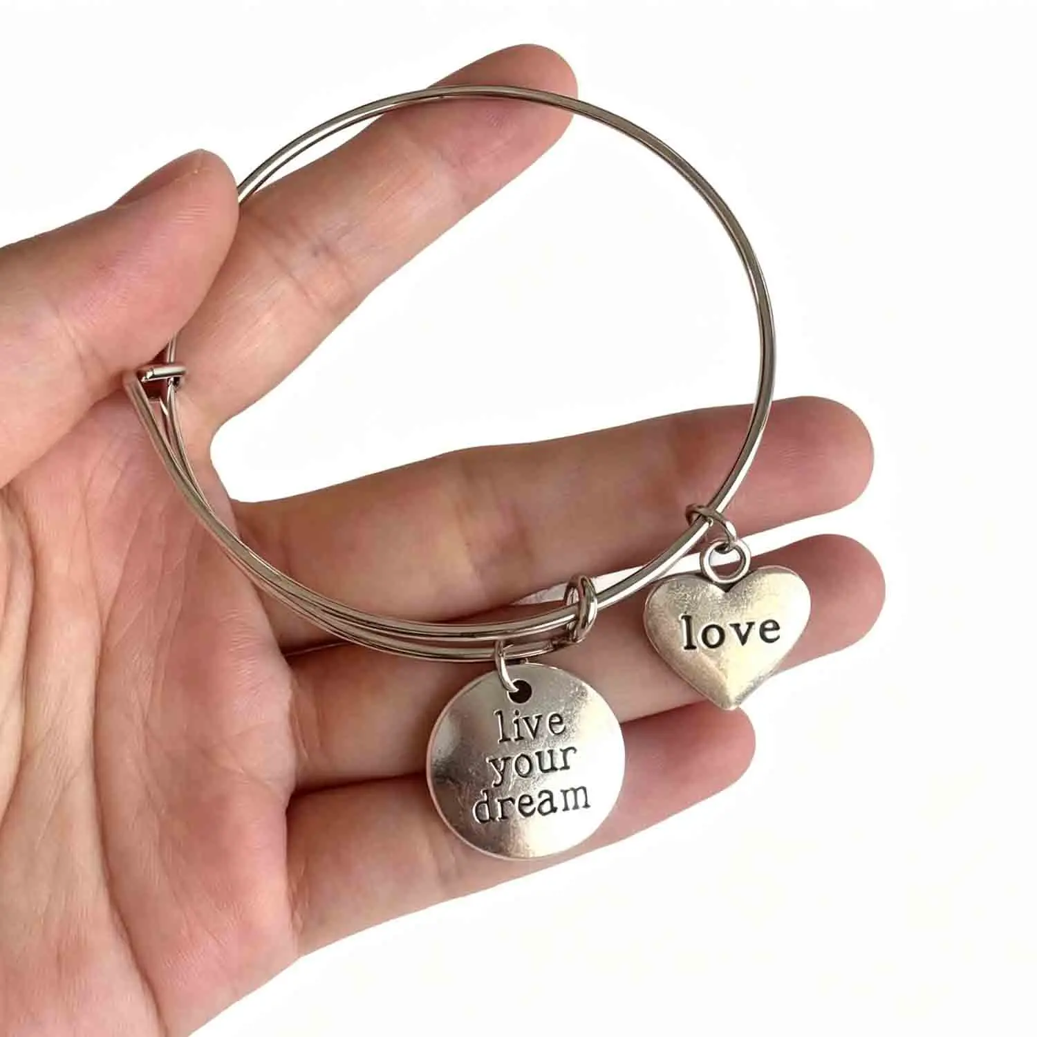 Adjustable Expandable Wire Bangle Engraved Live Your Dream Love Heart Charm Minimalist Inspirational Metal Cuff Bracelet