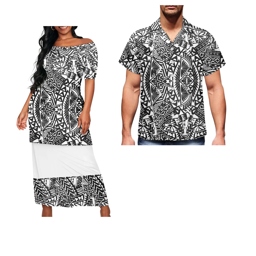 Elegant Off Shoulder Evening Party Dresses With Aloha Shirt Women Clothing Polynesian Tribal Puletasi Samoa Set Couple Match