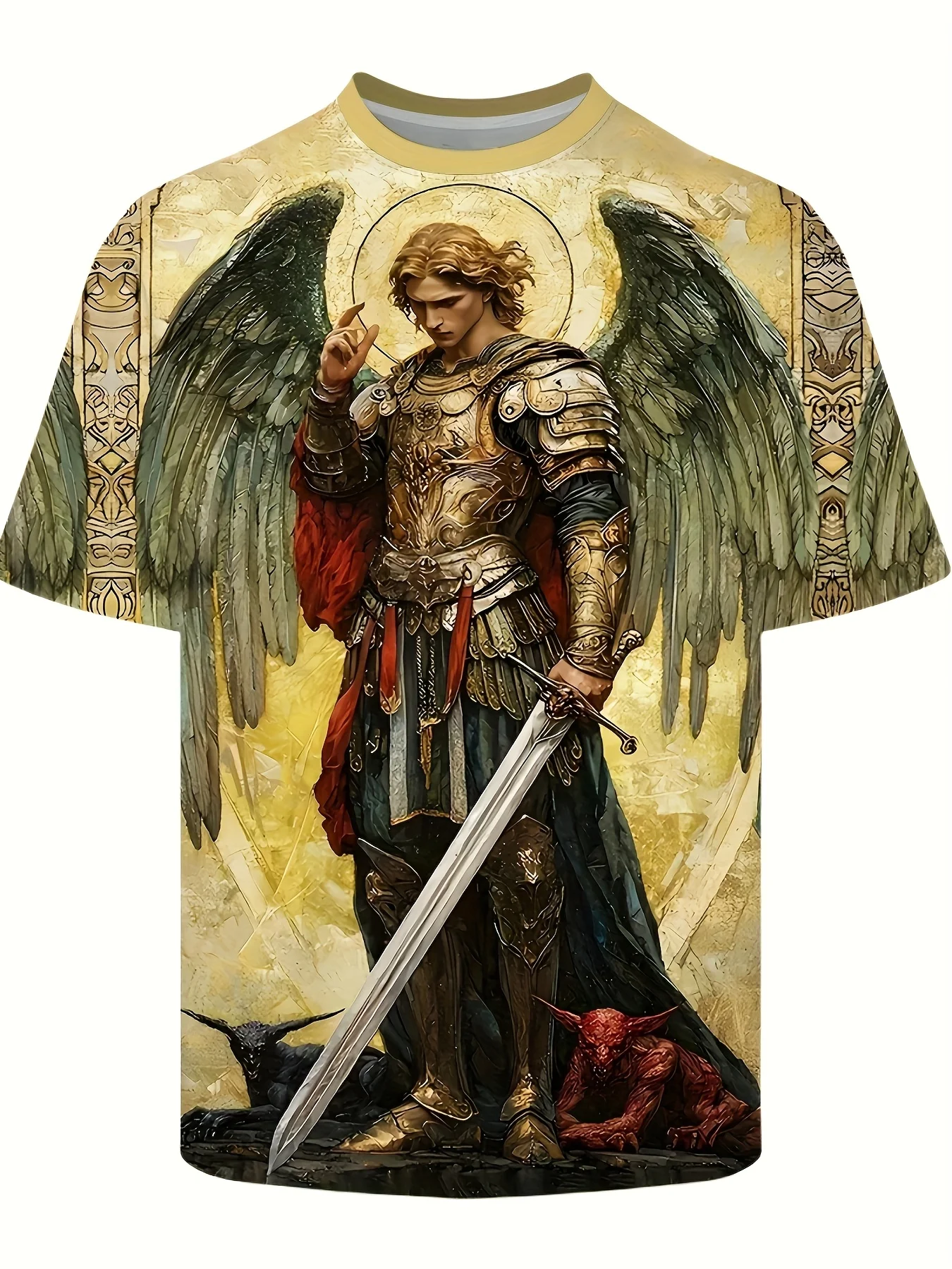 Herren-T-Shirt mit Rundhalsausschnitt, 3D-Druck, Erzengel, Heiliger Michael, Schwert, Dämon, Vintage-Kunstdruck, lässige Oberteile – Detail 4