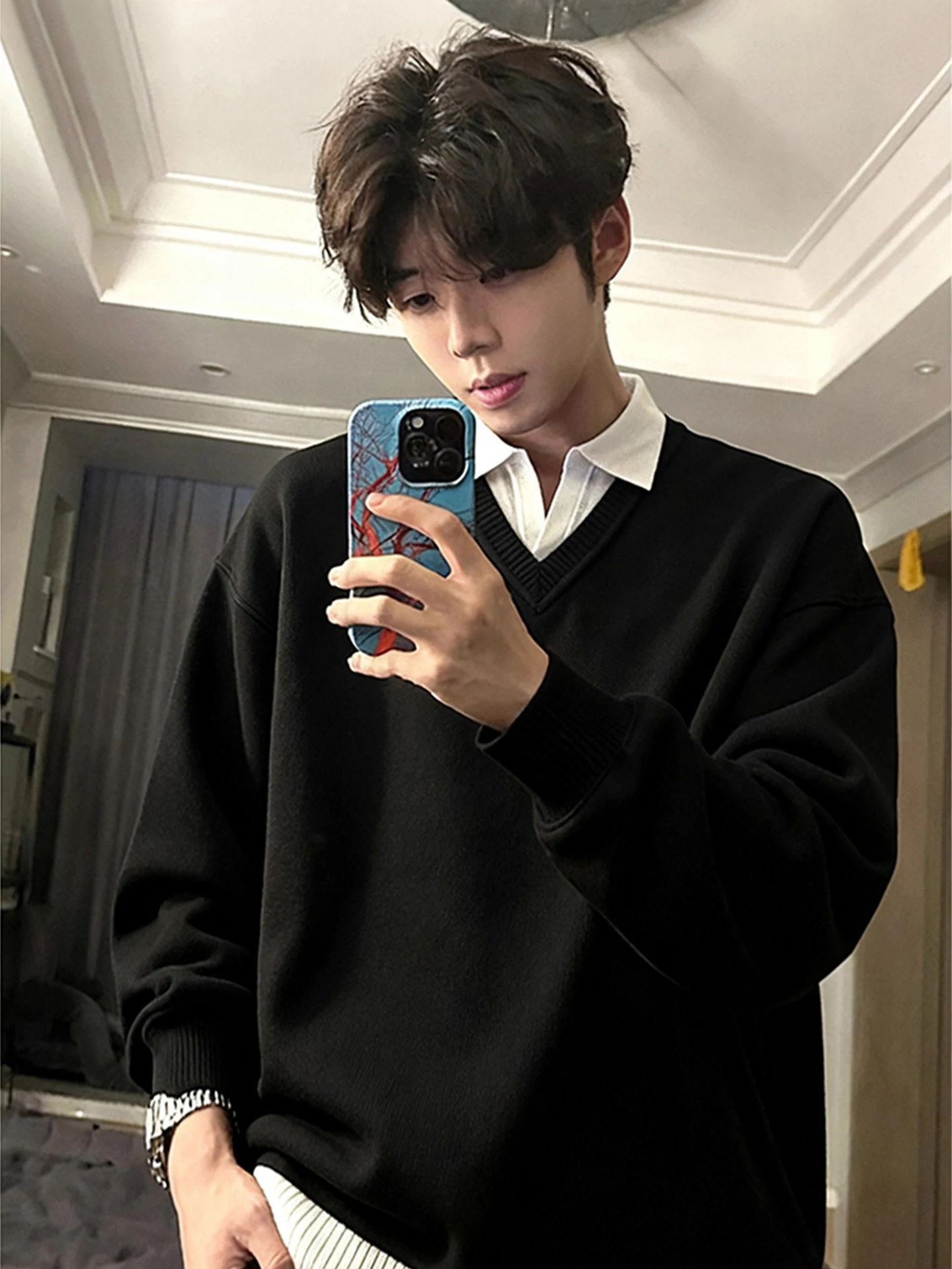 

Bla Collar Thiened Knitted Sweater Men's Winter Boting Lazy Sle Korean Faion V-ne Long Sve Casual irt