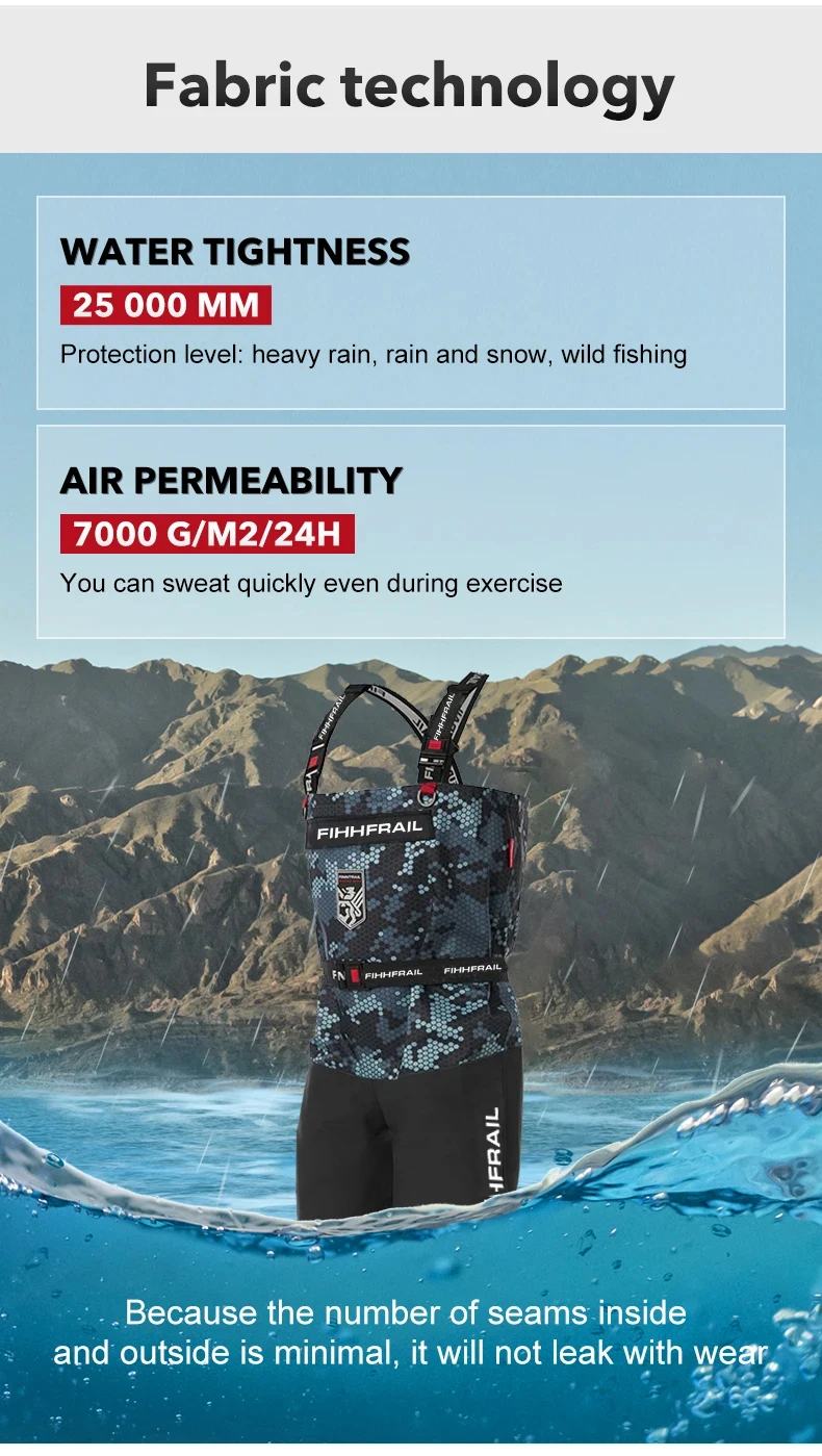 Wasserdichte Neopren-Angelhose für Herren, Tarnfarbene Wathose, Motorradhose, ATV-Fahrradsocke, fliegende Angelwader auf der Brust – Detail 3