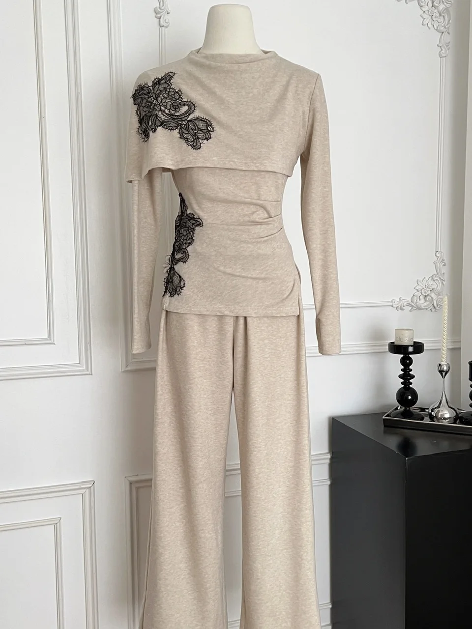 

High Waist Wide Leg Pants Lace Splicing Long Sve Casual Sle Women's Autumn Faion Set Heavy Embroidery Relaxing Sensation