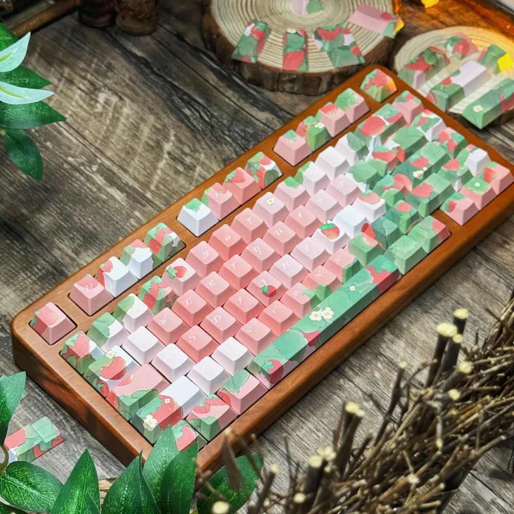 Imagem -03 - Keycaps Tema Morango Rosa Cereja Perfil Qx3 Estilo de Pintura a Tinta Keycap Fruta Bonito Teclado Mecânico 120 Chaves Pbt