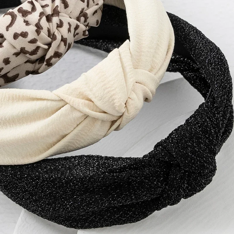 4pcs New Solid Color Leopard Print Fleece Headband Women Simple Knot Wide Edge Pressure Hair Band Hair Accessories