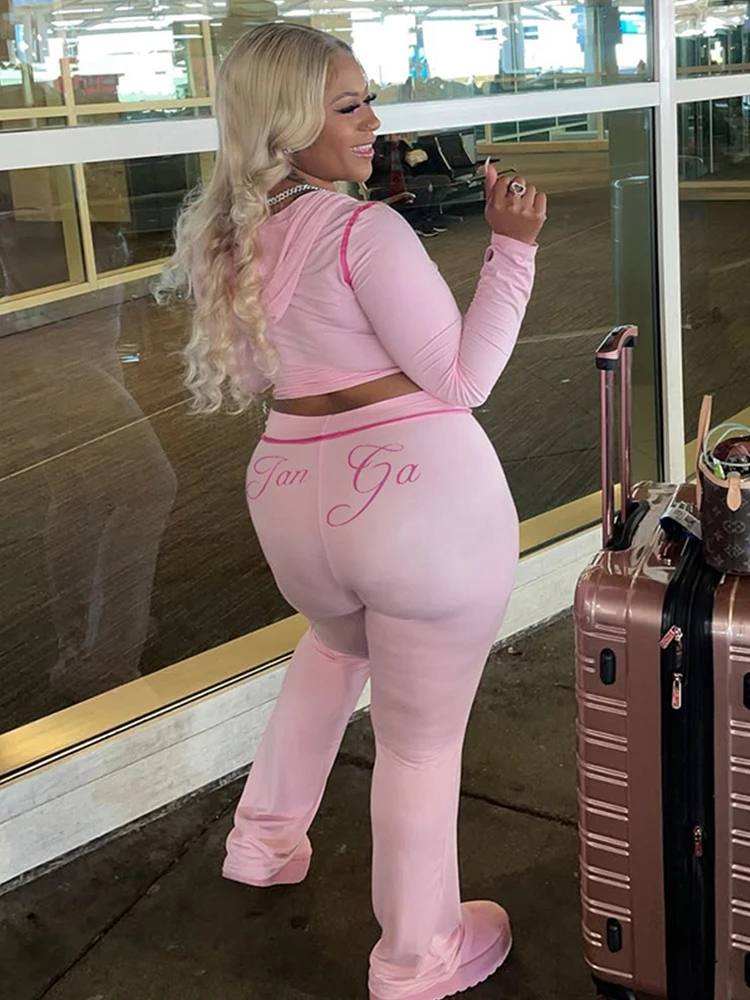 Kliou Letter Print Casual 2 Piece Set Woman Autumn Trend Full Sleeve Hooded Zip Jacket+Straight Trousers Street Fashion Outfits