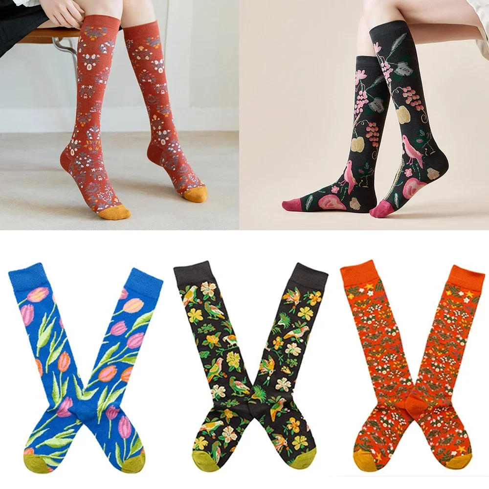 

Socks female mid-thigh calf and knee socks French retro illustration literary abstract street spring and autumn cotton socks