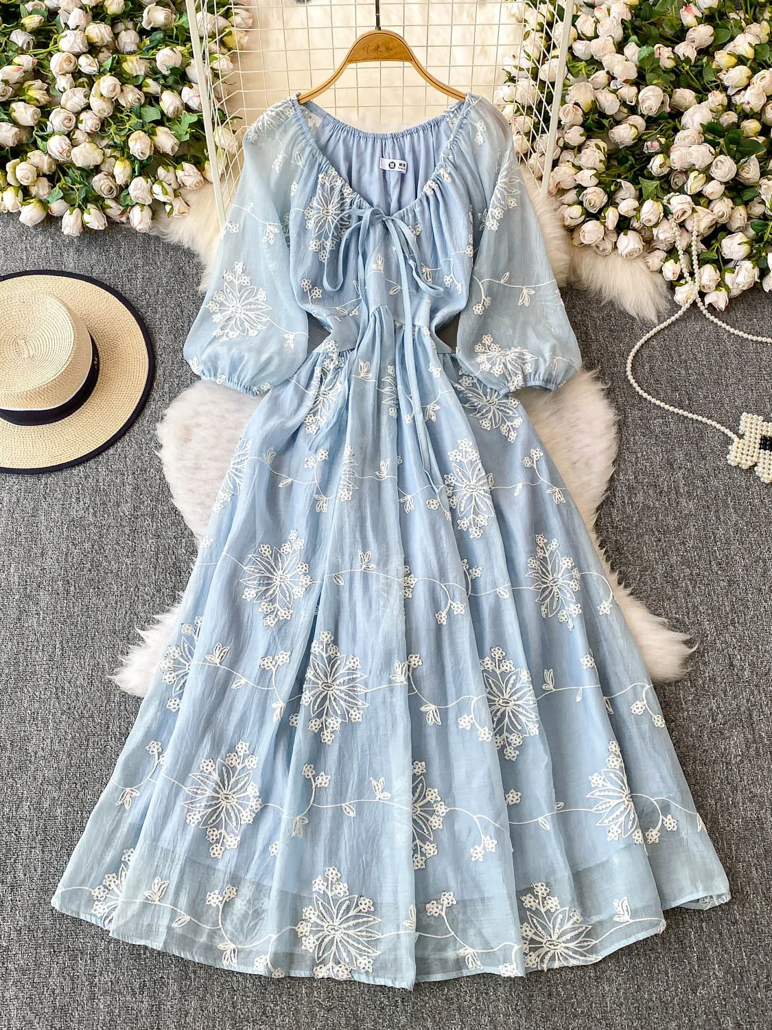 Ele Roze Geborduurde V-Ne Dr Dames Herfst Afslanken A-lijn Lange Rok Woon-werkverkeer Sle Hoge Taille ort Sve Dr