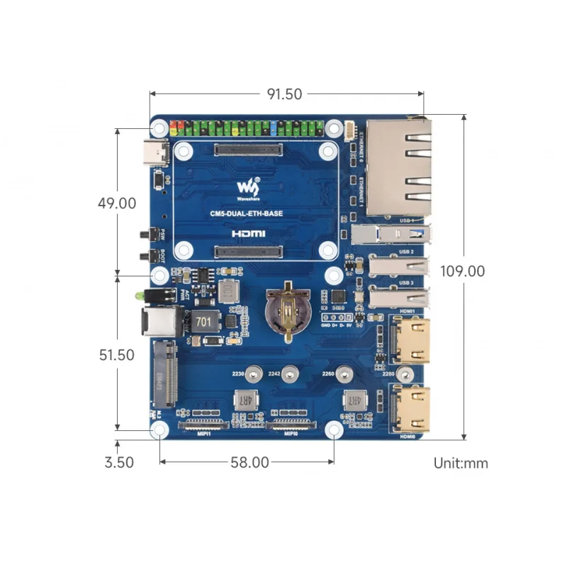 SKU-33060 Waveshare Gigabit   2.5G Dual Ethernet Base Board For Raspberry Pi CM5. Dual RJ45 Ethernet Ports, Supports Dual 4K Dis