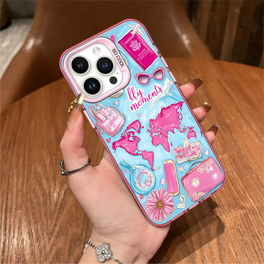 Telefono da sogno di viaggio nel mondo a tema rosa per iPhone da 17 a 11 Pro Max Plus