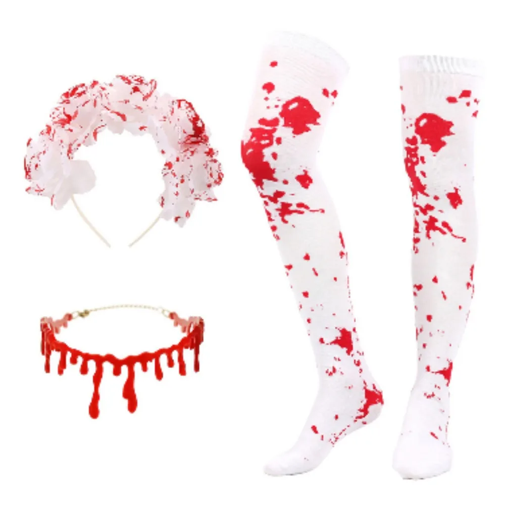 

Halloween Dress Up Accessories Bloody White Rose Headband Halloween Bleeding Necklace White Bleeding Socks