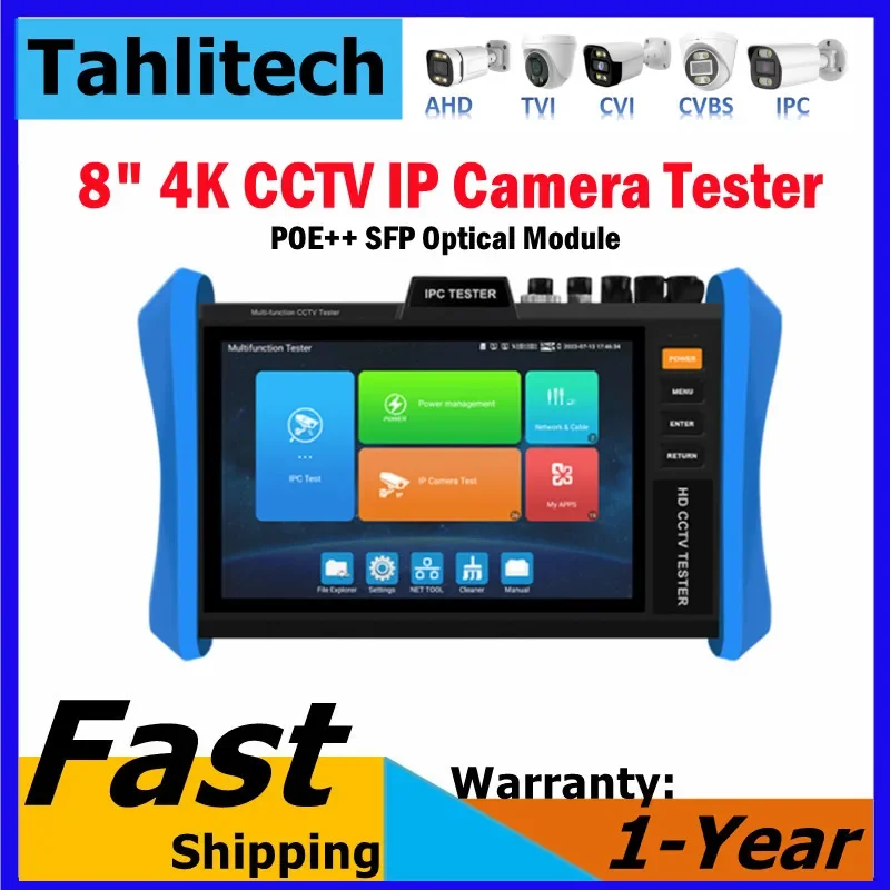 T90 CCTV Tester All-in-One 4K H.265 IP Camera Tester,8inch 8MP CVI/TVI/AHD,HDMI&VGA input PoE++ 55V/60W,Wi-Fi Analyzer,SFP Port
