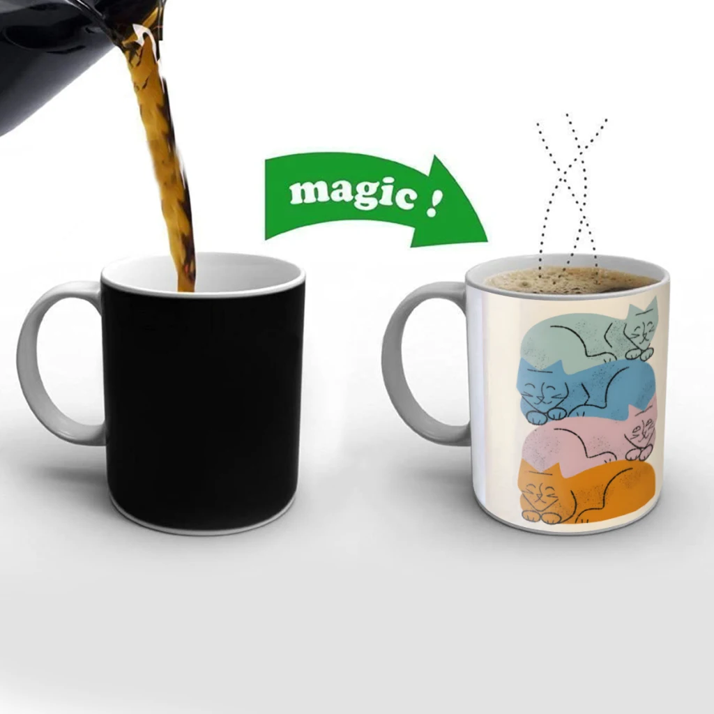 

Four Cat Pile Creativity Change Color Chang mug Ceramic mug Hot Coffee Cup Breakfast Cup Mug Friend Gift