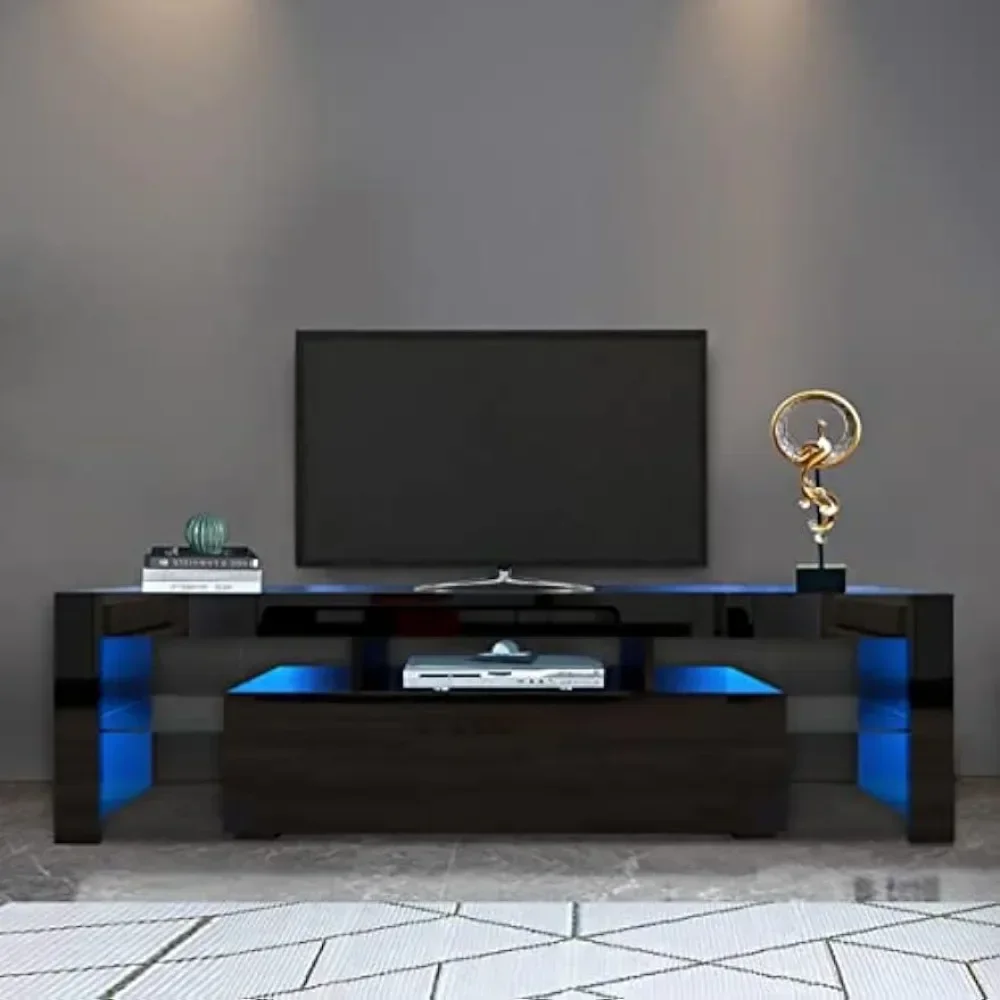 

LED TV Stand for Up 50 to 70 Inch, TVs Entertainment Center Table Stands with 2 Storage and 3 Open Shelves High Gloss, TV Stand