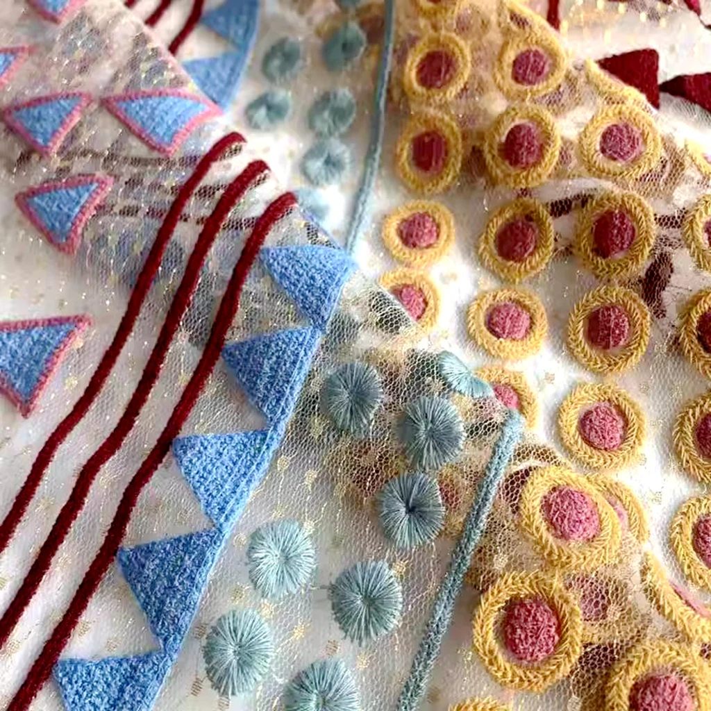 LASUI 3 yards high quality colorful bohemian heavy embroidery Gold mesh weave lace fabric DIY wedding dress X0588