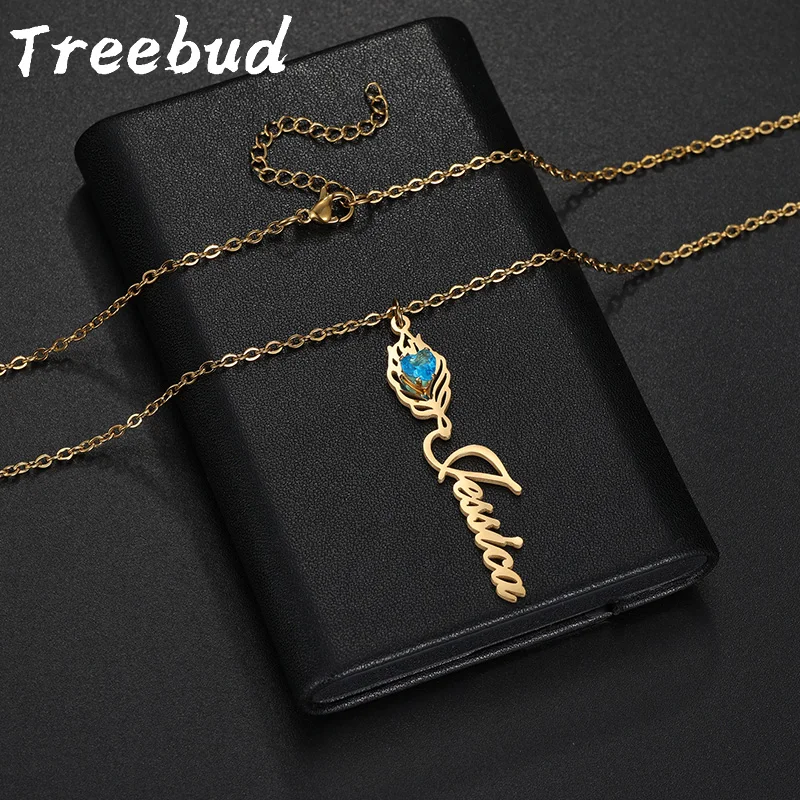 Personalisierte Pfauenfeder-Namenskette für Frauen, Edelstahl, individuell, bunt, Zirkon, Namensschild, Anhänger, Kragen, Schmuck, Geschenk