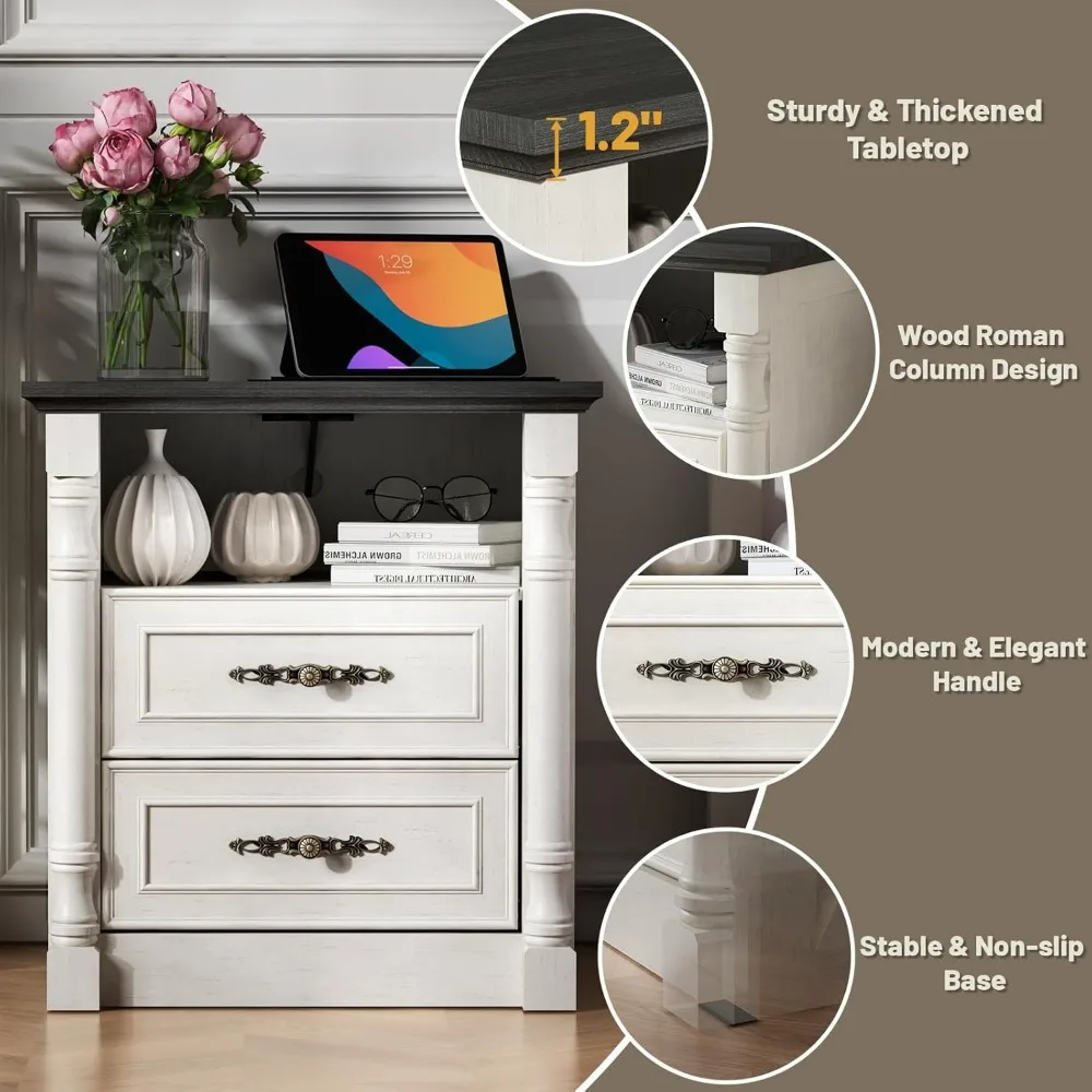 24 Farmhouse Nightstand with Charging Station, Wood Night Stand with 2 Drawers, End Bedside Table Storage Cabinet with Open Shel