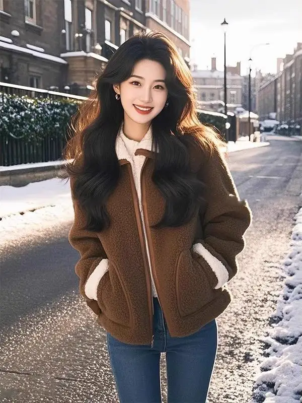 เสื้อคลุมขนแกะเทียมสีน้ำตาลกาแฟ รุ่นใหม่ ฤดูใบไม้ร่วง-ฤดูหนาว 2024 ดีไซน์โดดเด่น ทรงหลวม สไตล์ผู้ใหญ่ เหมาะสำหรับใส่ทำงาน