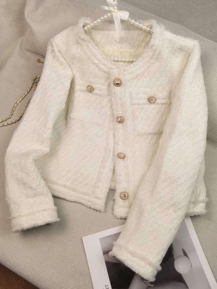 

2023 Women Temperament Celebrity Small Fragrant Tweed Coat New Autumn Versatile O-Neck Short Coat Tassel Thick Woolen Top