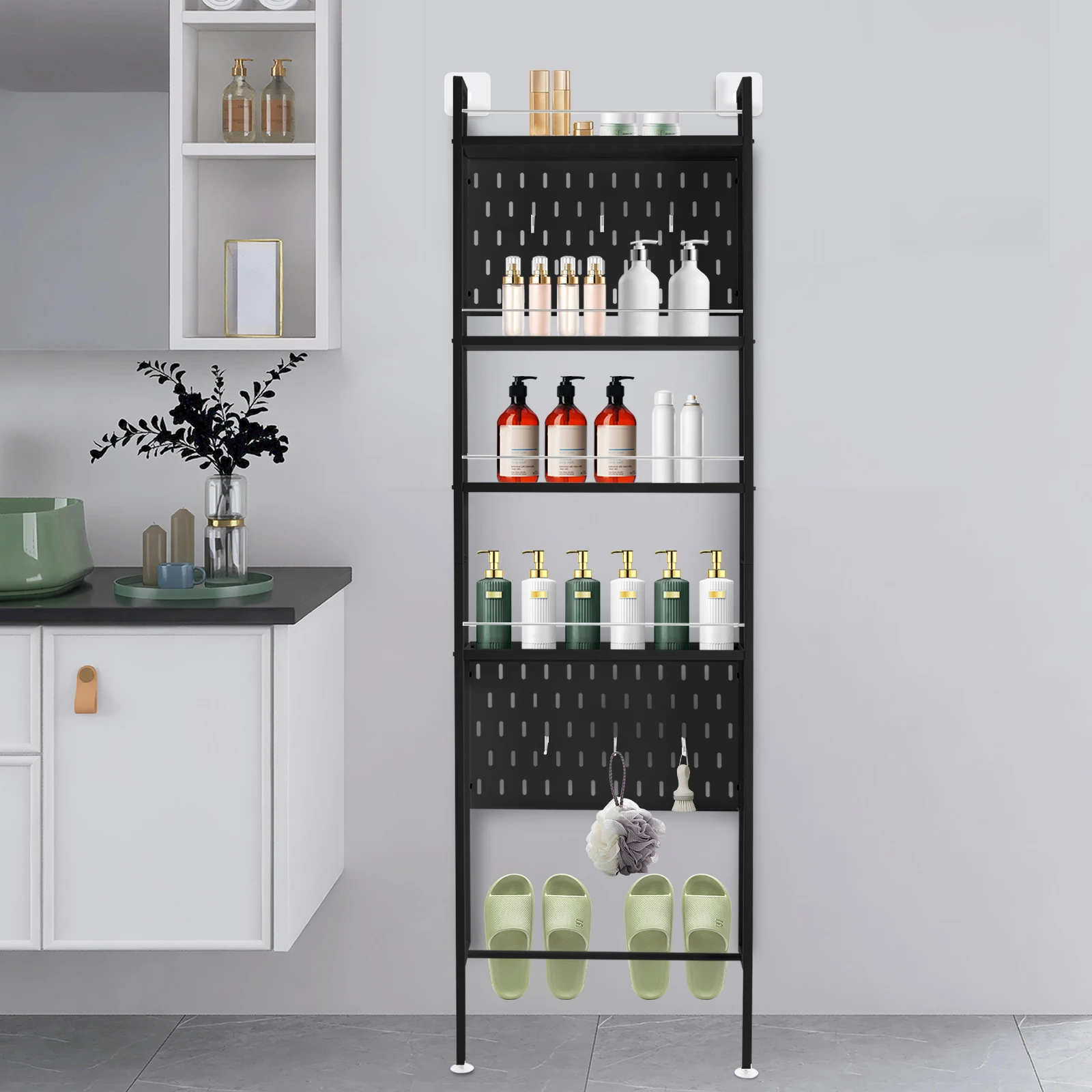 

No-Drill Multi-Layer Storage Rack - Space-Saving Organizer for Hallways and Bathrooms