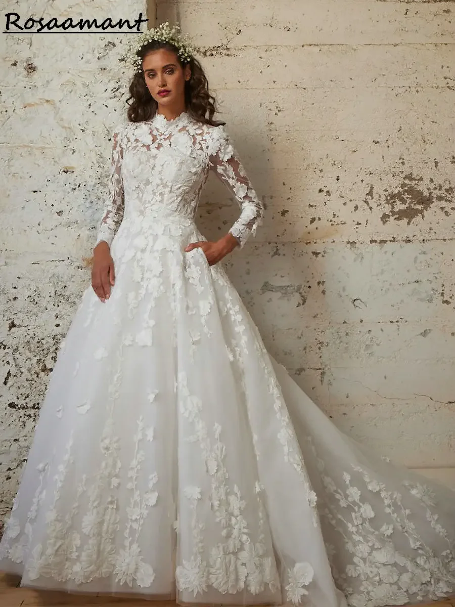 Robes de mariée A-ligne en dentelle vintage avec appliques à col haut, manches longues, dos nu, Boho Country Patients, quoi que ce soit