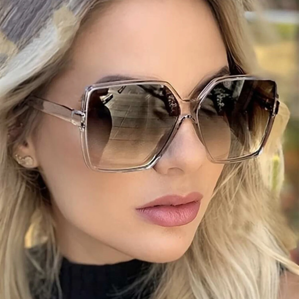 Oversized Hexagonal‑Shaped Women’s Sunglasses Transparent Taupe Frame Gradient‑Brown UV‑Protection Lenses Fashion Big‑Frame Street‑wear Shades