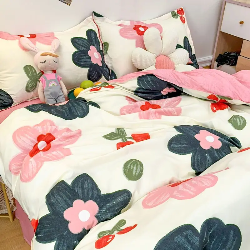 Ins Pink Pig Bedding Set Flat Bed Sheet Pillowcase Twin Full Queen Nordic Bed Linen Kids Girls Floral Duvet Cover Set Kawaii