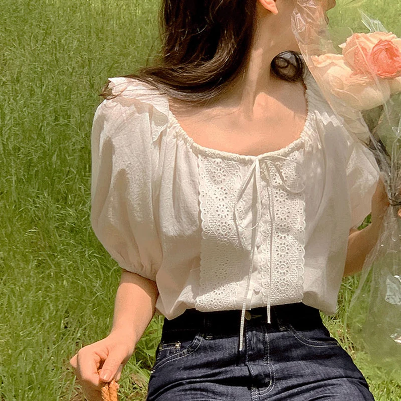 Chic à volants Patchwork col carré nœud papillon bulle Sve haut femmes ample blanc ort Sve irt été coréen Sle trajet