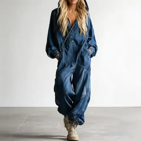 Fashion And Casual Autumn Women's Hooded Commuting High Waisted Jumpsuit Long Sleeved Loose Large Pocket Wide Leg Pants Jumpsuit