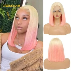 Perruque Bob Lace Front Wig naturelle ombrée, cheveux courts, rose, 13x4, pour femmes