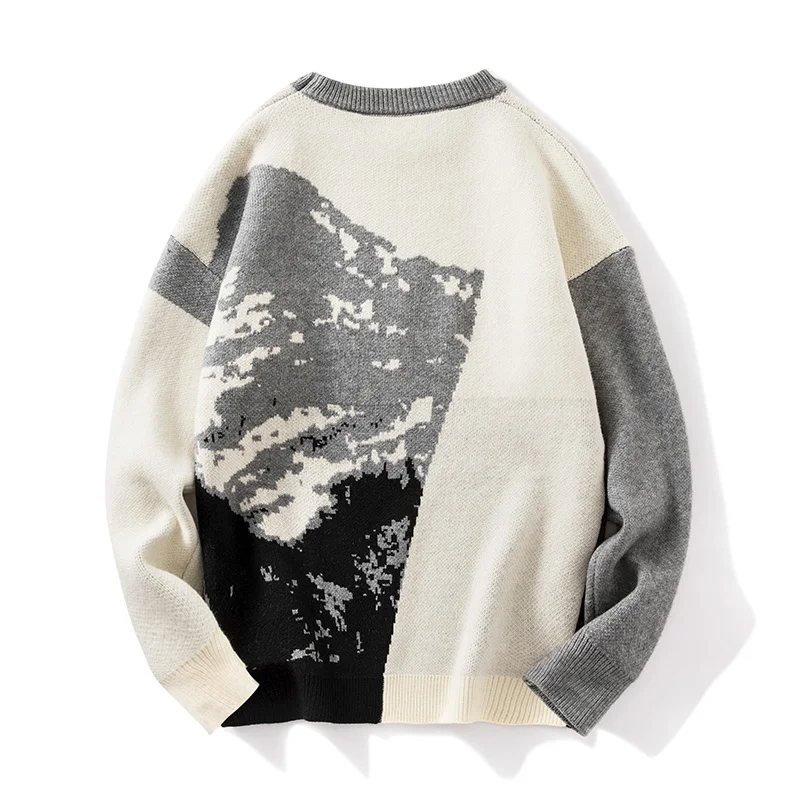 Men\'s Abstract Printed Crew Neck Thick Sweater 2023 Autumn Winter Loose Contrast Color Long Sleeve Trendy Pullover Knitted Tops