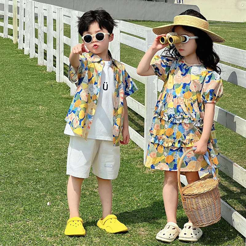 

Brother Sister Matching Floral Sibling Outfits Vacation Holiday Look Baby Twin Clothes Child Girl Flower Dresses Kids Boy Shirts