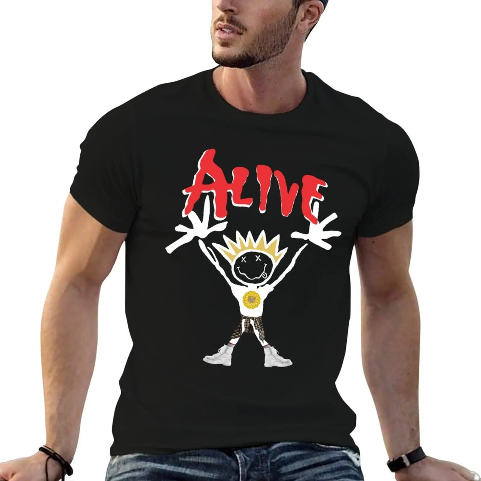En vie! T-shirt décontracté utilitaire pour le travail, style années 90, hommage aux groupes de rock