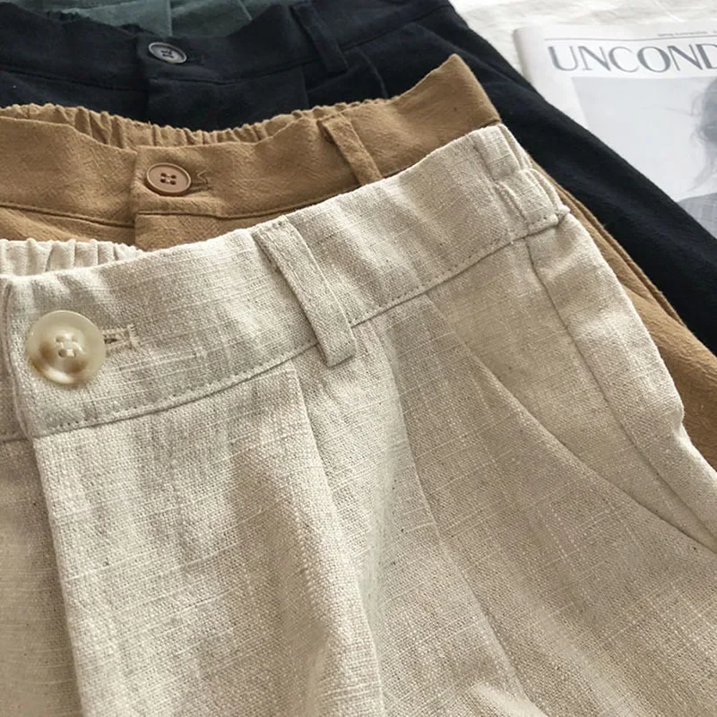 2025 Summer Thin Linen High Waist Shorts Korean Loose Classic Solid Short Pants Women Casual Baggy Wide Leg Pantalones Cortos