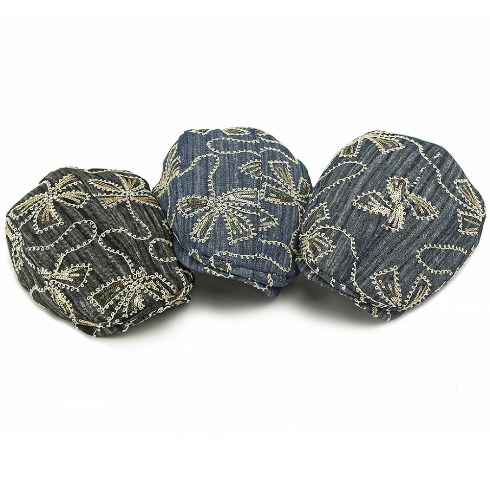 HT4833 Herren Berets Frauen Vintage Künstler Maler Baskenmütze Hut Männlich Weiblich Pailletten Ivy Flache Kappe Frühling Sommer Herbst Denim Baskenmütze Kappe – Detail 2