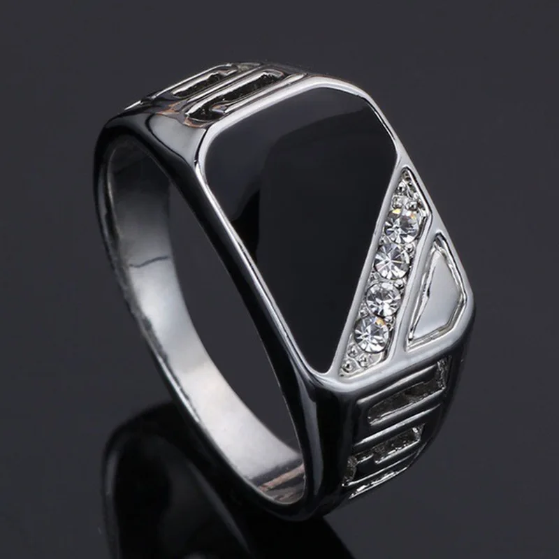 Classic Size 5-12 Men Rhineston Rings Fashion Jewelry Gold/Silver-Color Black Enamel Male Finger Titanium Stainless Ring