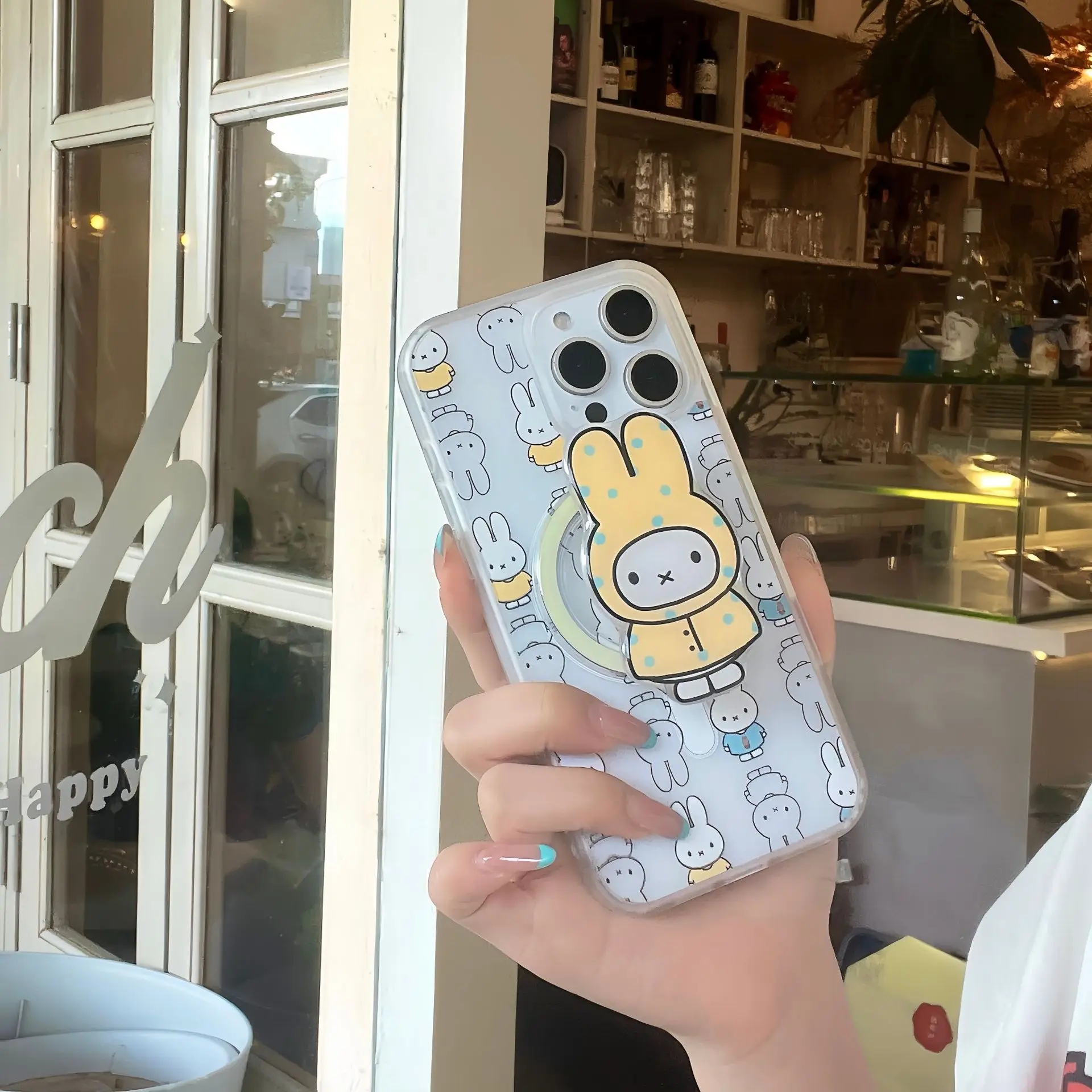 Funda de teléfono Kawaii Miffy, funda de teléfono de conejo Miffy de pantalla completa adecuada para Iphone 15 Pro, impermeable de dibujos animados, soporte magnético Miffy