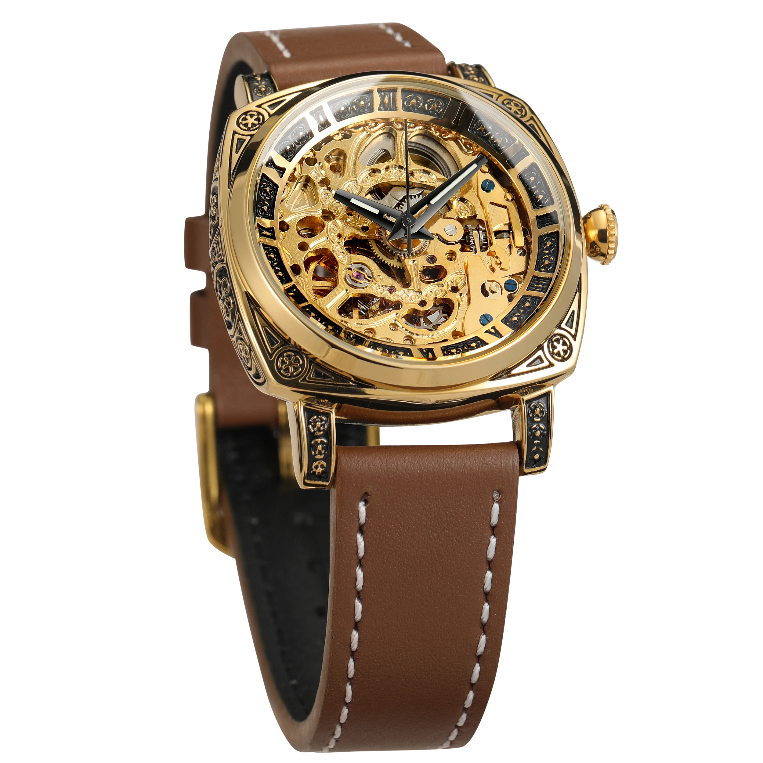 Forsining Business Leather Strap Watch Top Brand Men Mechanical Wristwatch Automatic Transparent Skeleton Tourbillon Watches