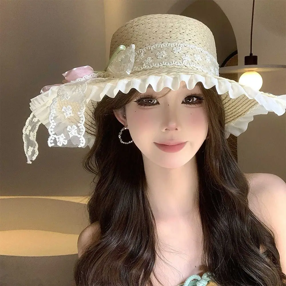 

Vintage French Shade Straw Hat Tulip Flower Large Brim Women's Sun Hat Summer Thin Beach Vacation Hat for Women
