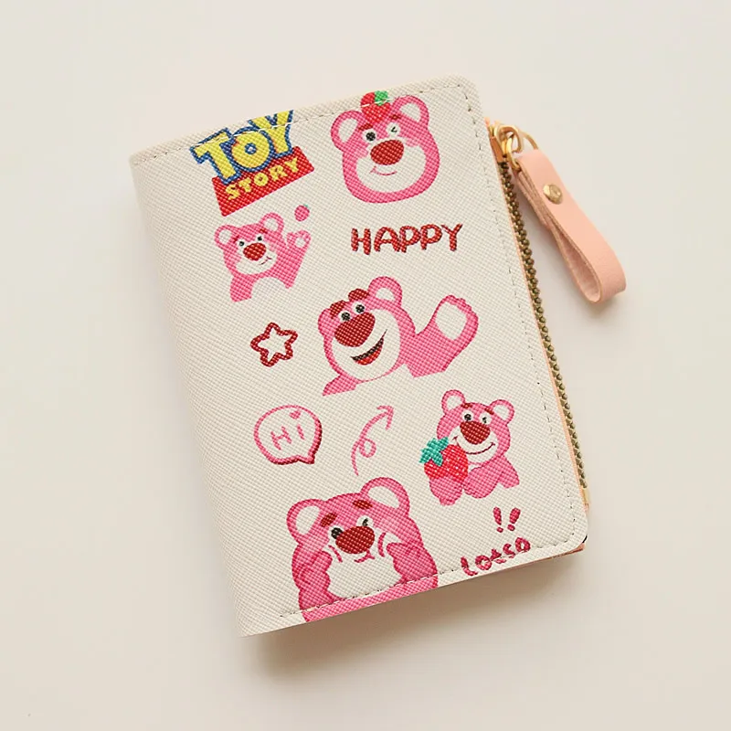 Cartoon TOY STORY Strawberry Bear Lotso Short Bifold Wallet PU Leather Short Wallet Cute Small Purse Bag Mini Handbag Gifts