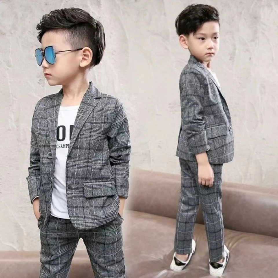 2024 New Autumn spring Baby Boys Clothes Set Plaid Gentleman Top Jacket + Pants Outfits Suit Teenager 4 5 6 7 8 9 10 11 12 Year